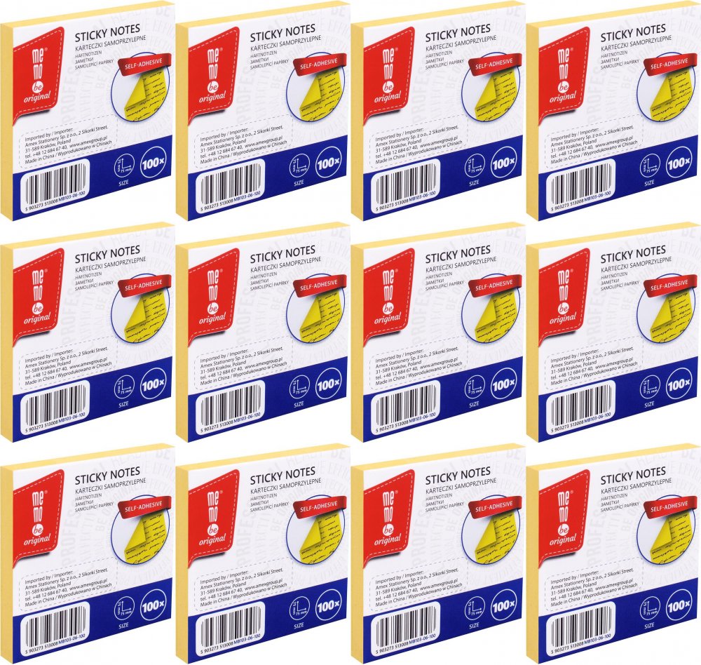 12x Karteczki samoprzylepne MemoBe, 75x75mm, 100 karteczek, żółty