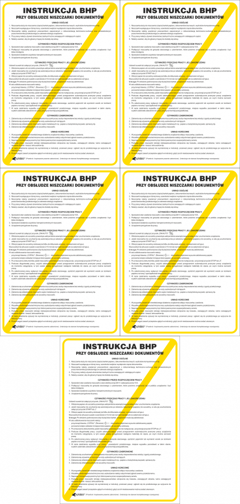 5x Instrukcja BHP i PPOŻ Anro, "BHP przy obsłudze niszczarki dokumentów", 25x35cm