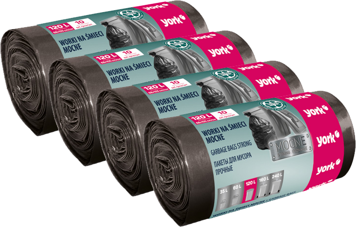 4x Worki na śmieci York Mocne, na odpady zmieszane,120l, 10 sztuk, czarny