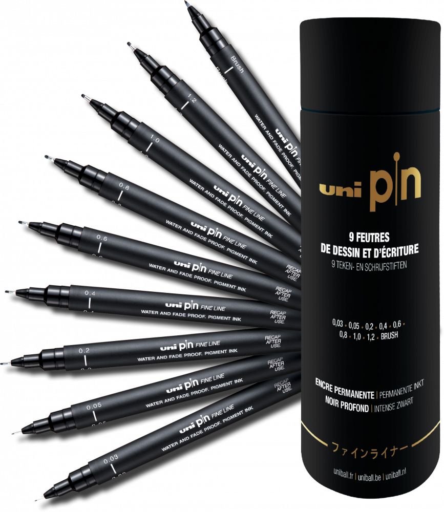 Cienkopis kreślarski Uni PIN-200, tuba, 9 sztuk, czarny