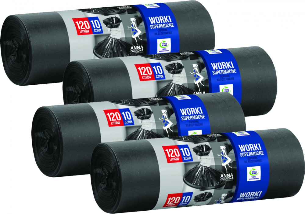 4x Worki na śmieci Anna Zaradna, na odpady zmieszane, ekologiczne, supermocne, 120l, 10 sztuk, czarny