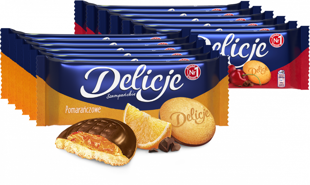 Zestaw: 6x Ciastka Delicje szampańskie Mondelez, pomarańczowy, 147g + 6x Ciastka Delicje szampańskie Mondelez, wiśniowy, 147g