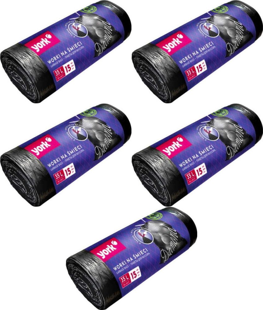 5x Worki na śmieci York Diamond, z taśmą, na odpady zmieszane, 35l, 15 sztuk, czarny