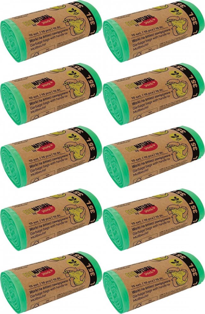 10x Worki na śmieci Eco Natural by York, na odpady zmieszane, 35l, 15 sztuk, zielony