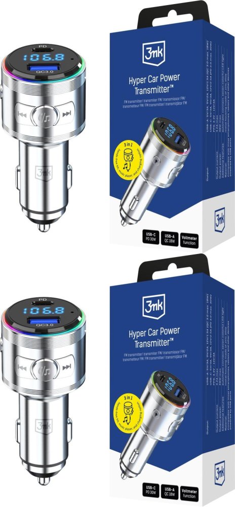 2x Transmiter samochodowy 3mk Hyper Car Power Transmitter 48W, QC PD PPS, USB-C/USB-A, srebrny