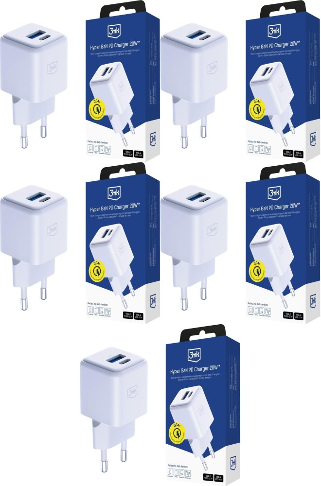 5x Ładowarka sieciowa 3mk Hyper GaN Charger 20W, QC4+ PD PPS, USB-C/USB-A, biały