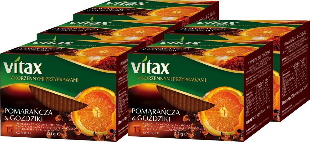 5x Herbata owocowo-ziołowa w kopertach Vitax z korzennymi przyprawami, pomarańcza i goździki, 15 sztuk x 2g