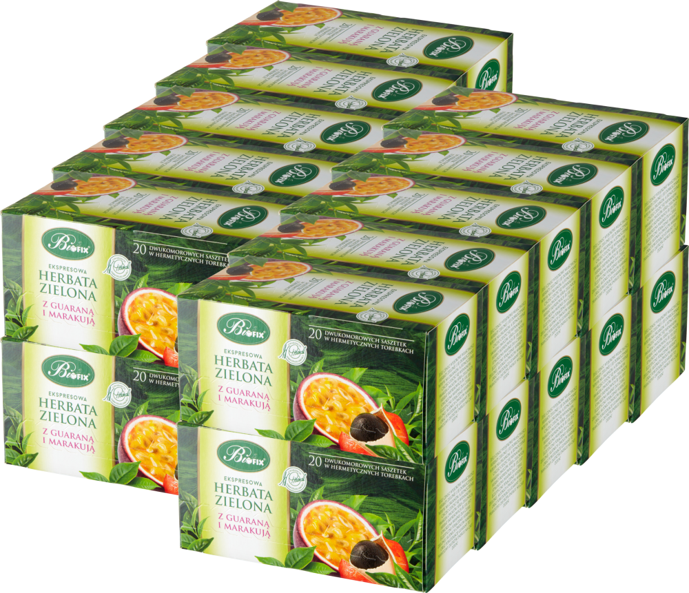 20x Herbata zielona smakowa w kopertach BiFix Premium, z guaraną i marakują, 20sztuk x 2g