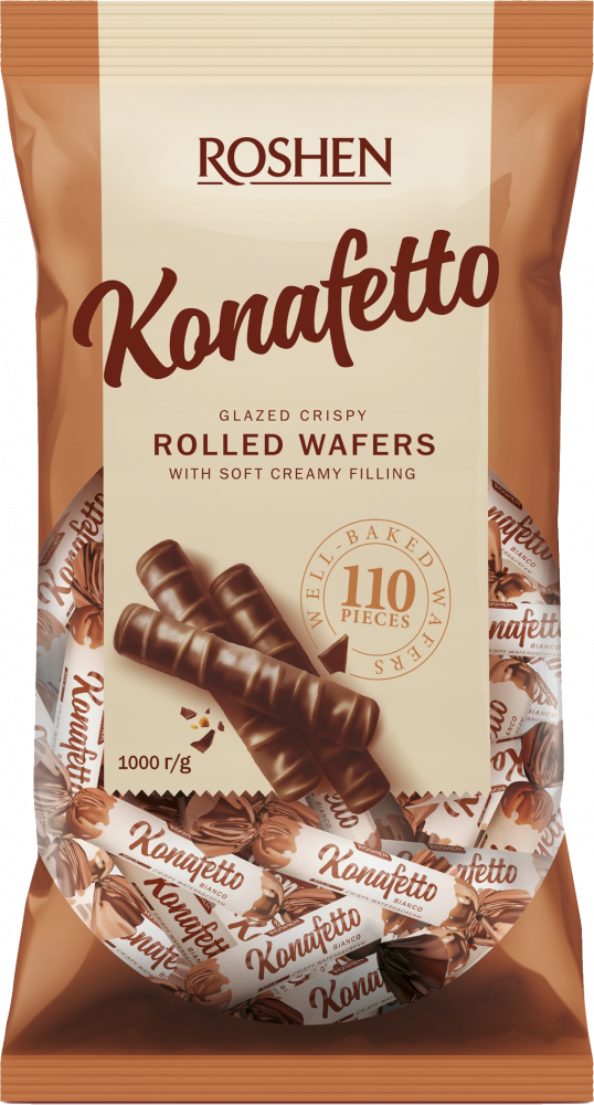 Cukierki Roshen Konafetto Bianco, rurki waflowe z mlecznym nadzieniem, w polewie kakaowej, 1kg