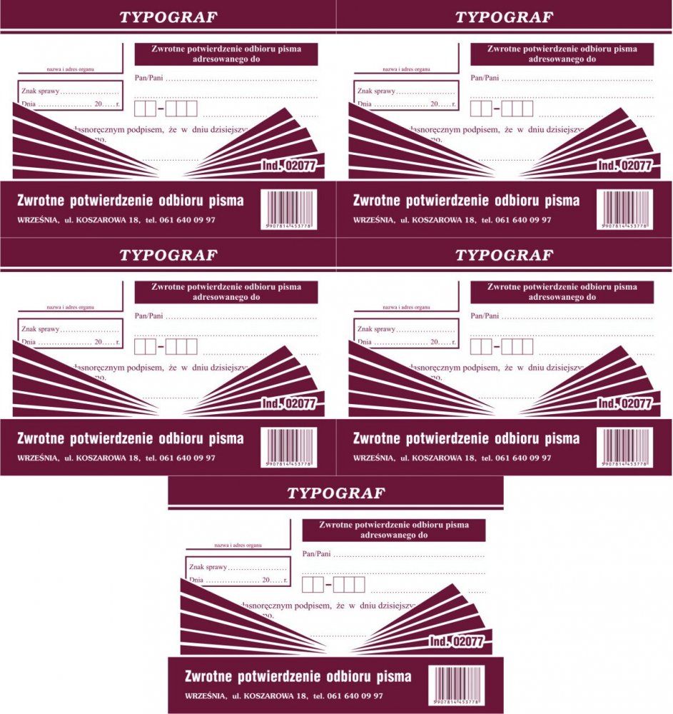 5x Druk akcydensowy Zwrotne potwierdzenie odbioru pisma Typograf, A6, offsetowy, 80k