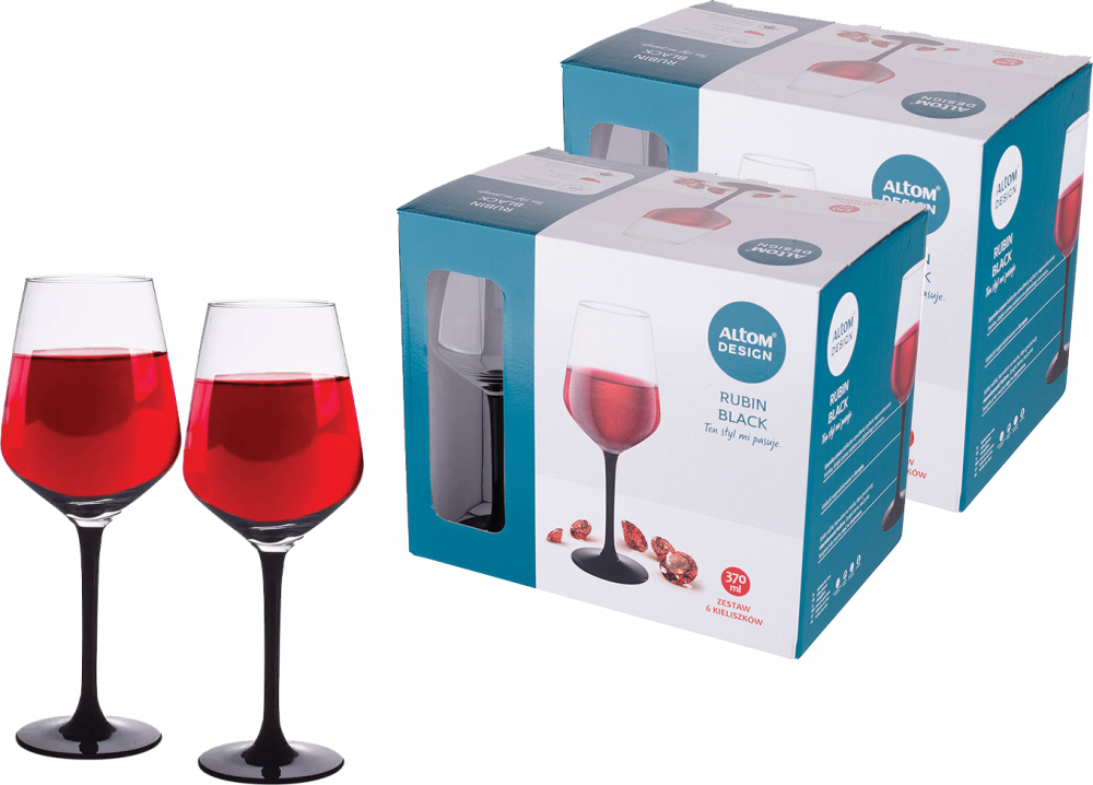 2x Kieliszki do wina czerwonego Altom Design Rubin Black, 370ml, komplet 6 sztuk, przezroczysto-czarny