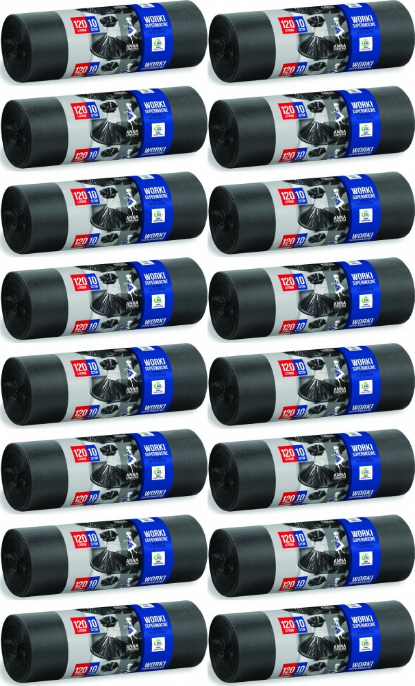 16x Worki na śmieci Anna Zaradna, na odpady zmieszane, ekologiczne, supermocne, 120l, 10 sztuk, czarny