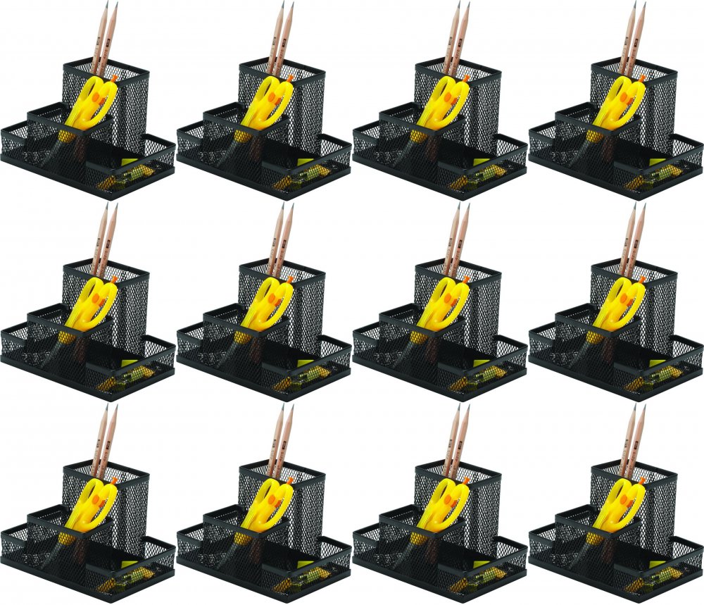 12x Przybornik na biurko Q-Connect Office Set, bez wyposażenia, metalowy (druciany), 4 przegrody, 153x103x100mm, czarny