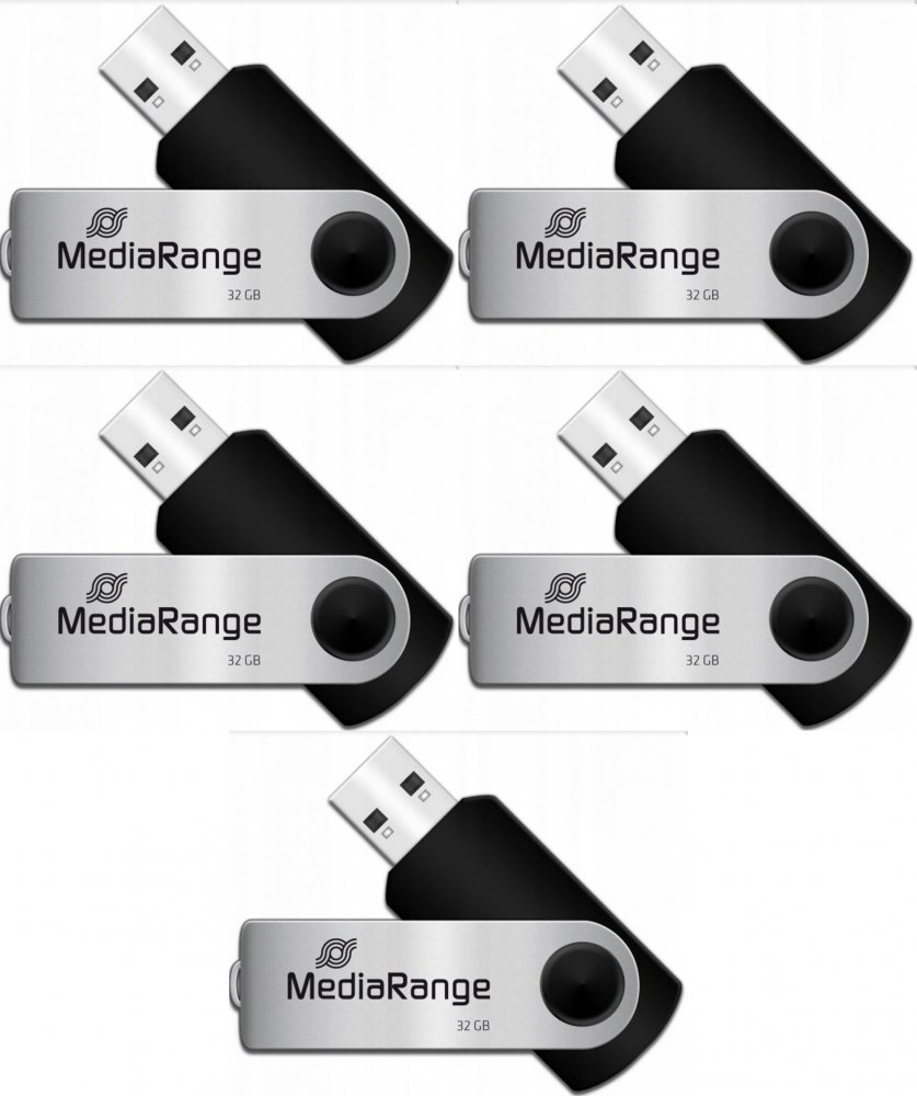 5x Pendrive MediaRange, 32GB, obracany, USB 2.0, srebrno-czarny