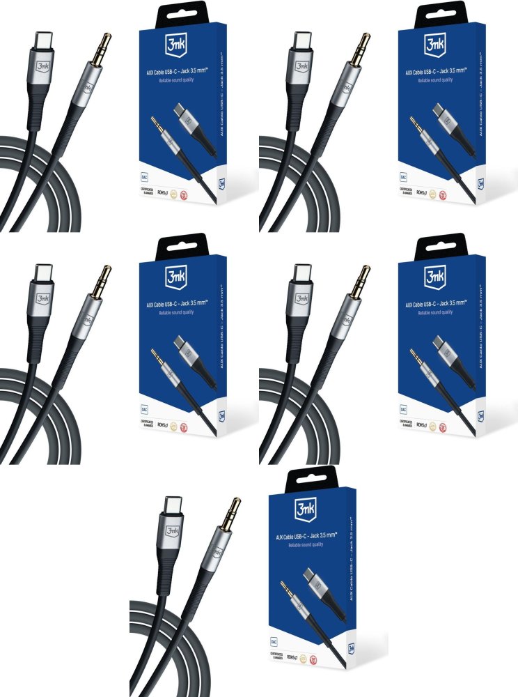 5x Kabel AUX 3mk USB-C/ Jack 3.5 mm, 1m, czarny