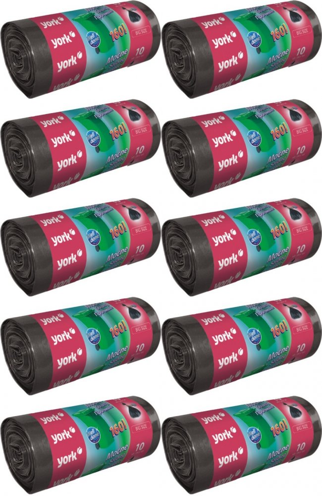 10x Worki na śmieci York Mocne, na odpady zmieszane, 160l, 10 sztuk, czarny