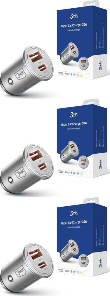 3x Ładowarka samochodowa 3mk Hyper Car Charger 30W, PD QC PPS, USB-C/USB-A, srebrny