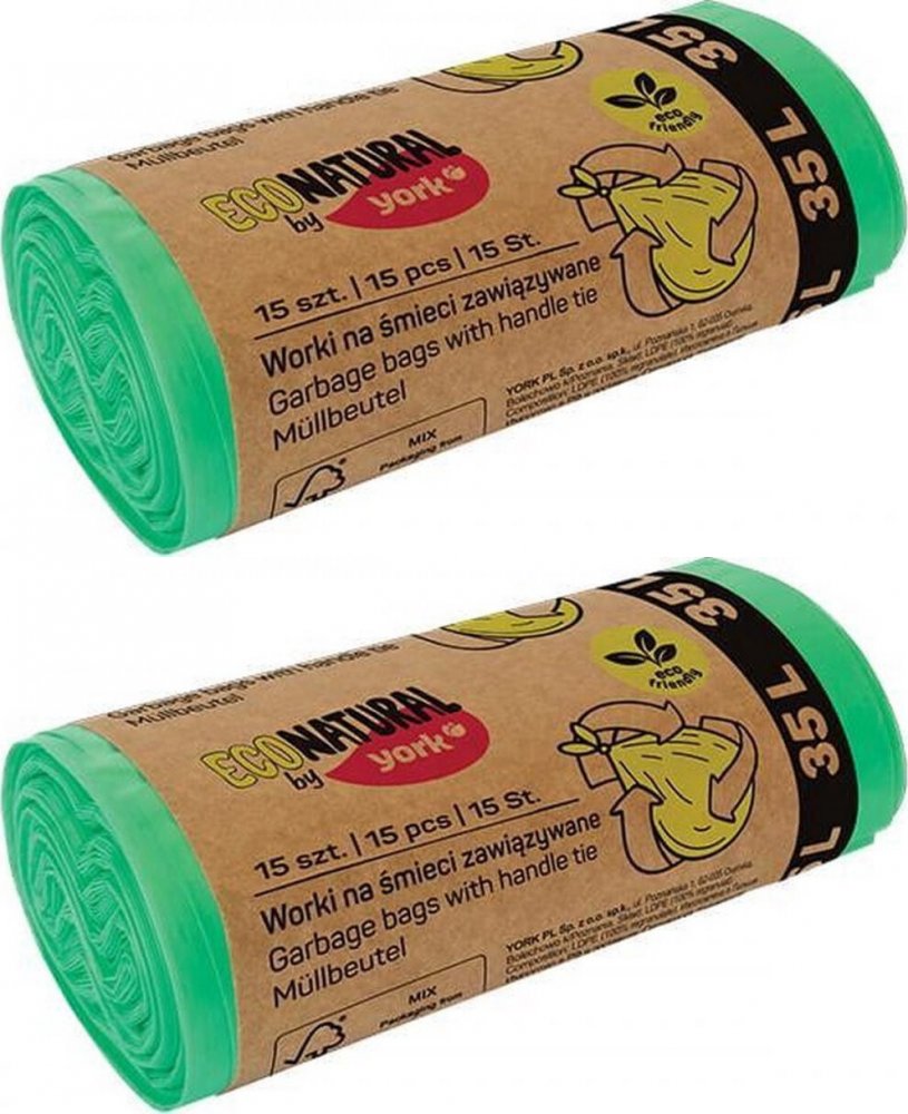 2x Worki na śmieci Eco Natural by York, na odpady zmieszane, 35l, 15 sztuk, zielony