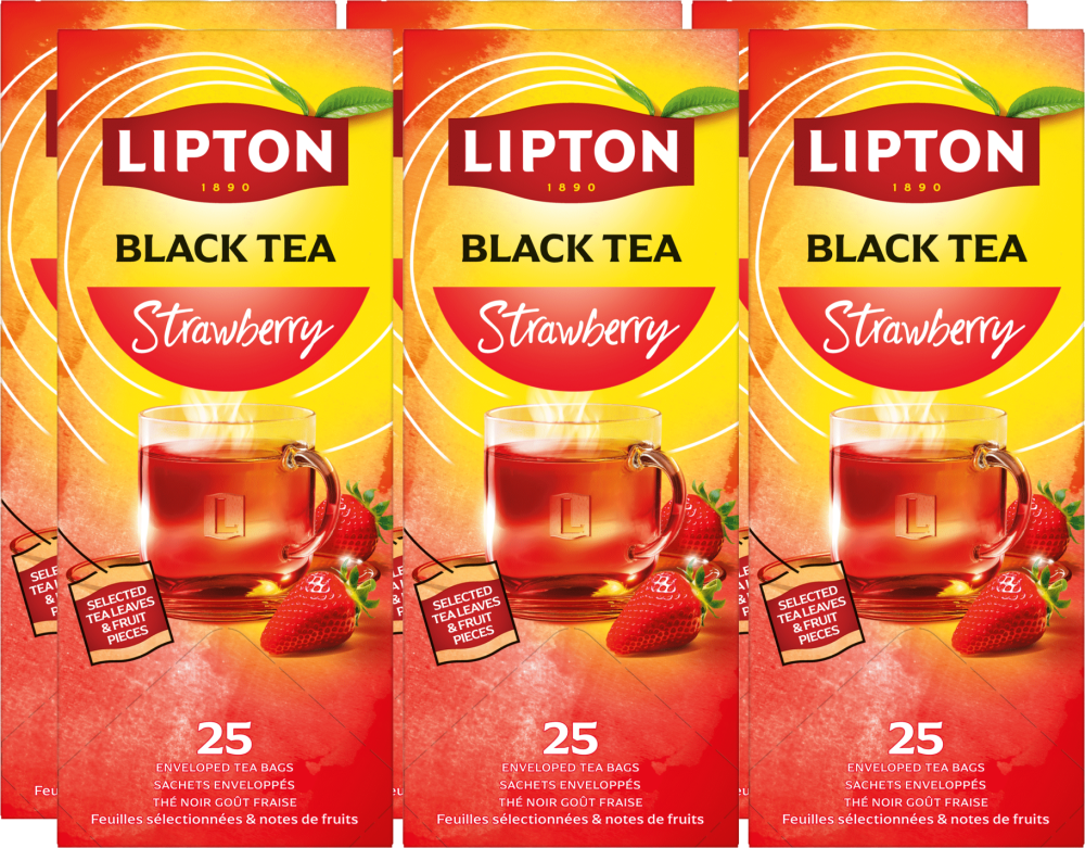 6x Herbata czarna aromatyzowana w kopertach Lipton Refresh Strawberry, truskawka, 25 sztuk x 1.6g