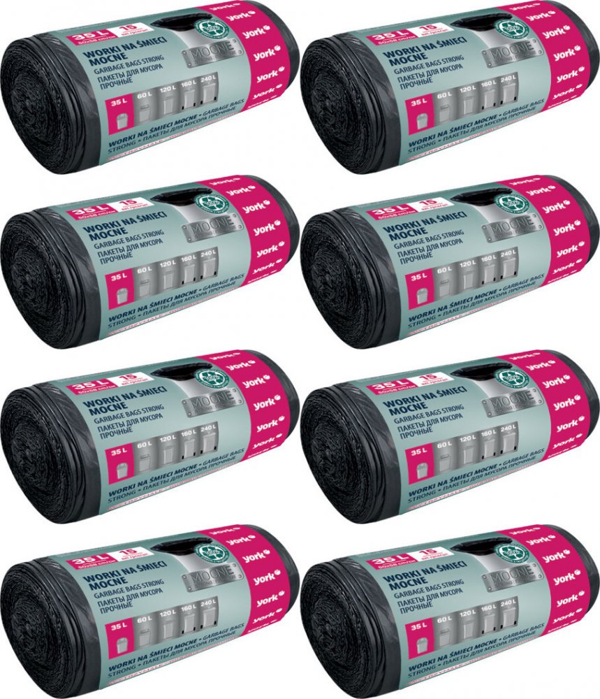 8x Worki na śmieci York Mocne, na odpady zmieszane, 35l, 15 sztuk, czarny