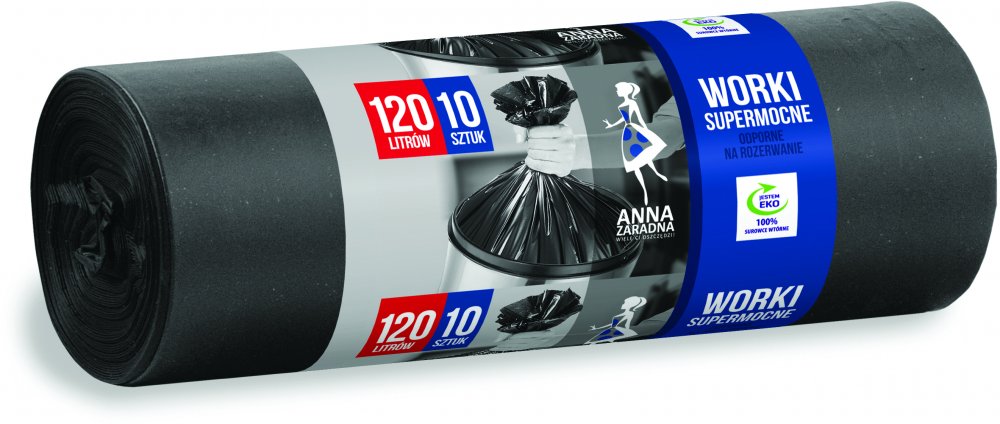 Worki na śmieci Anna Zaradna, na odpady zmieszane, ekologiczne, supermocne, 120l, 10 sztuk, czarny