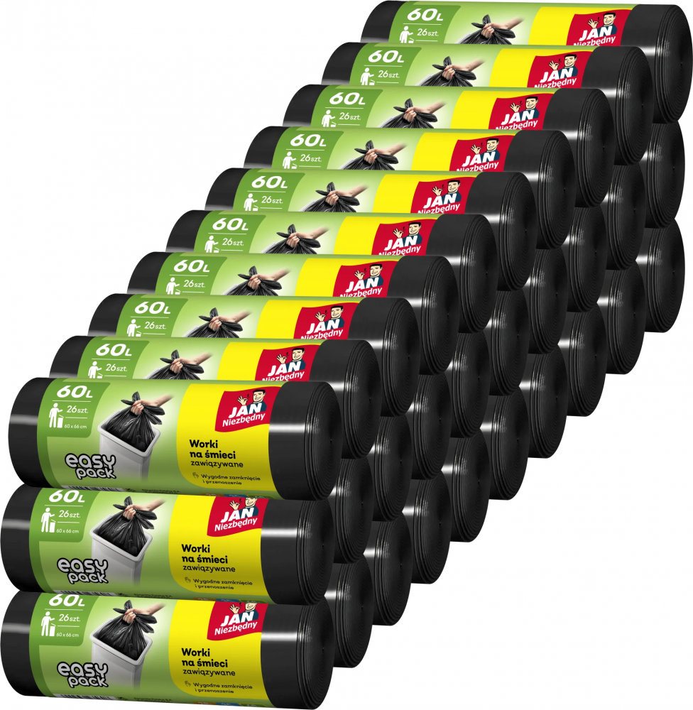 30x Worki na śmieci Jan Niezbędny Easy Pack, na odpady zmieszane, 60l, 26 sztuk, czarny