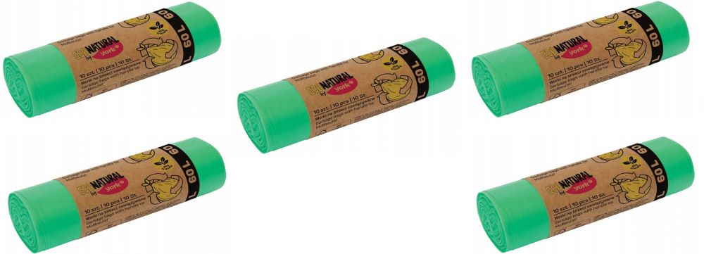 5x Worki na śmieci Eco Natural by York, na odpady zmieszane, 60l, 10 sztuk, zielony