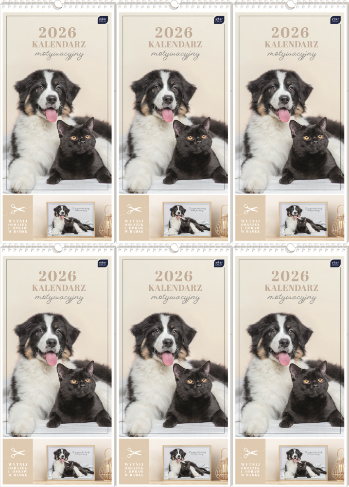 6x Kalendarz ścienny 2026, Interdruk, 22x46cm, miesięczny, Zwierzaki