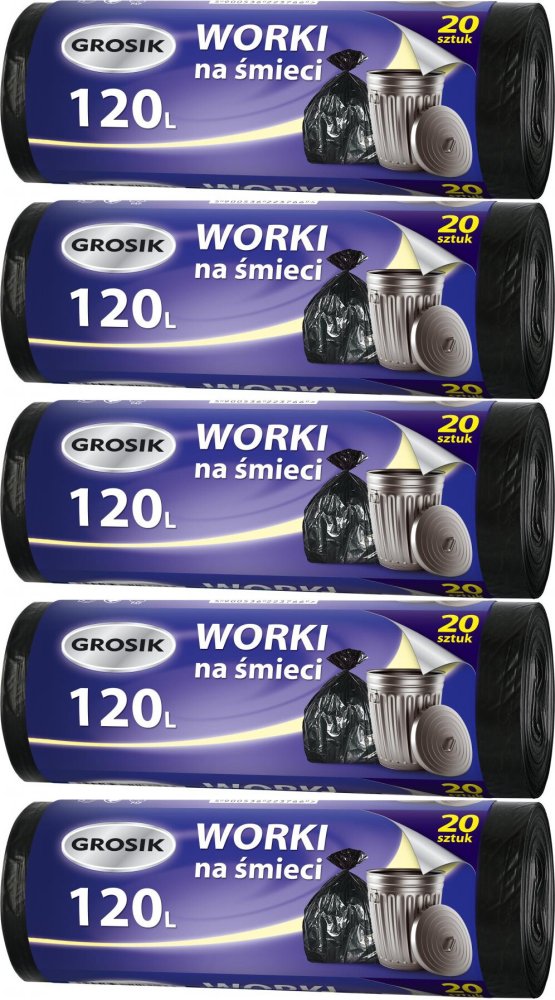 5x Worki na śmieci Grosik, na odpady zmieszane, 120l, 20 sztuk, czarny