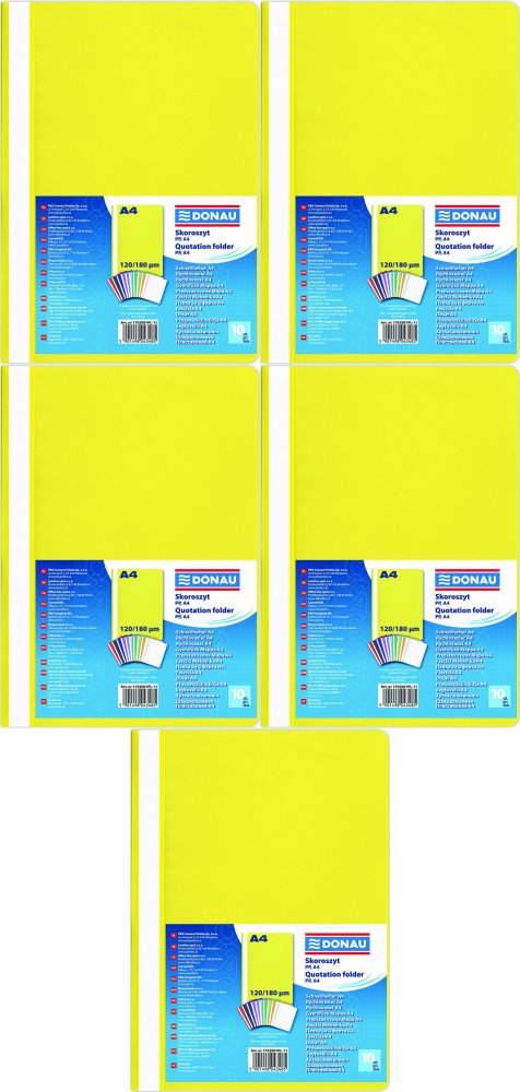5x Skoroszyt plastikowy bez oczek Donau, A4, do 200 kartek, żółty
