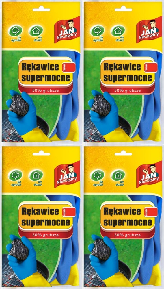 4x Rękawice lateksowe supermocne Jan Niezbędny, wyściełane bawełną, L, niebiesko-żółte