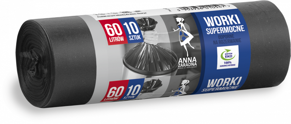 Worki na śmieci Anna Zaradna, supermocne, na odpady zmieszane, 60l, 10 sztuk, czarny