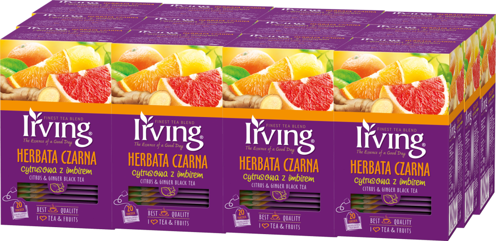 12x Herbata czarna aromatyzowana w kopertach Irving, cytryna i imbir, 20 sztuk x 1.5g