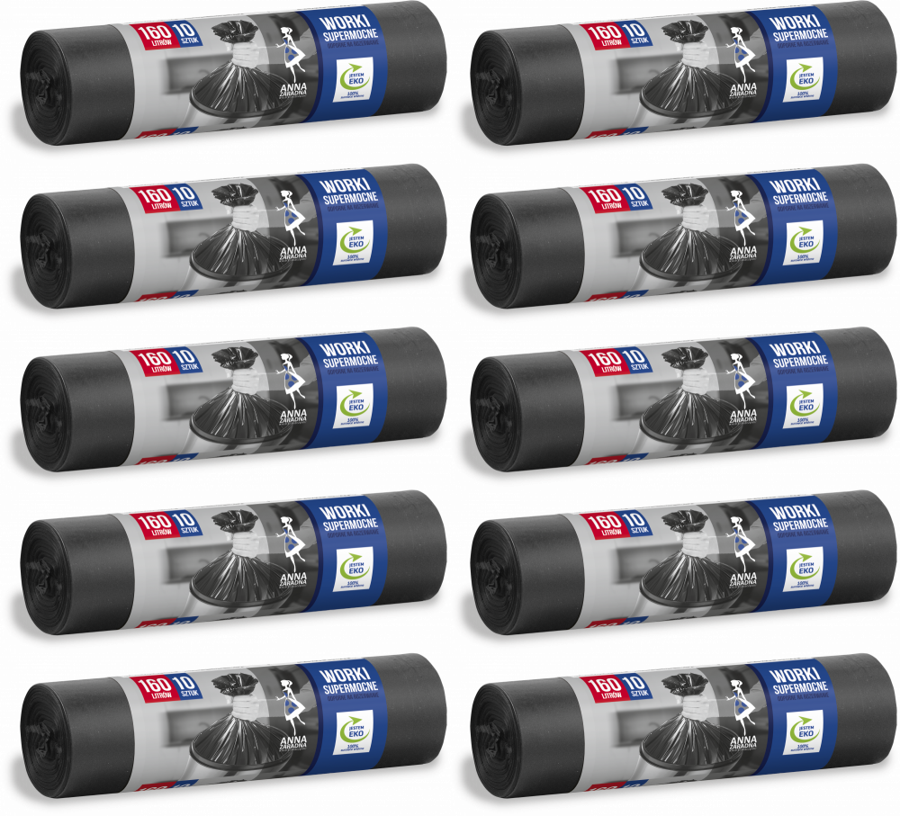 10x Worki na śmieci Anna Zaradna, supermocne, na odpady zmieszane,160l, 10 sztuk, czarny