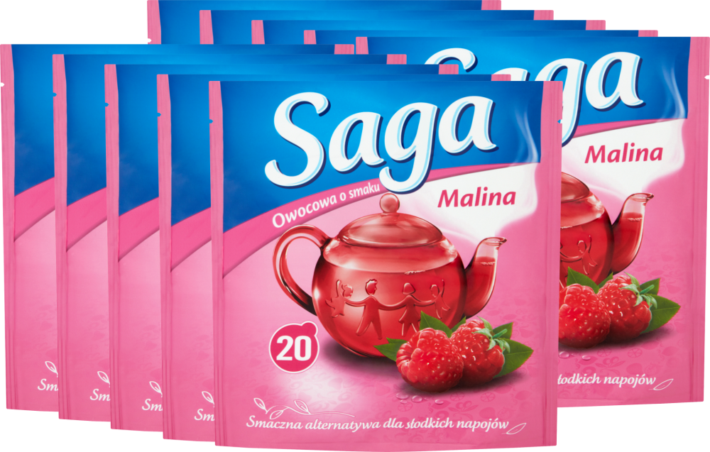 10x Herbata owocowa w torebkach Saga, malina, 20 sztuk x 1.7g