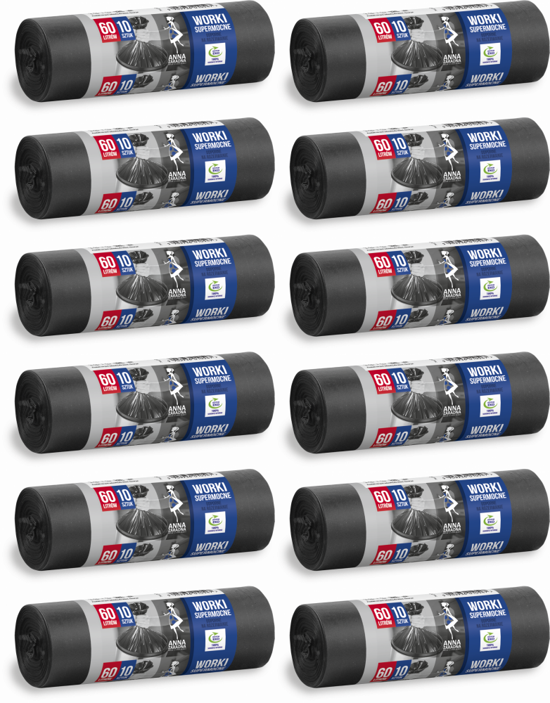 12x Worki na śmieci Anna Zaradna, supermocne, na odpady zmieszane, 60l, 10 sztuk, czarny