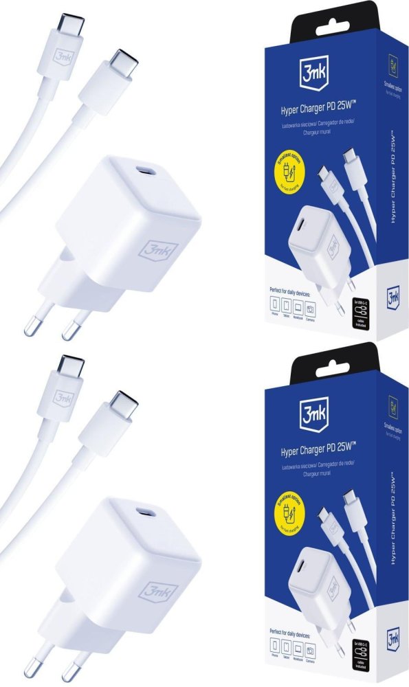 2x Ładowarka sieciowa 3mk Hyper Charger PD 25W, USB-C+ kabel USB-C, biały