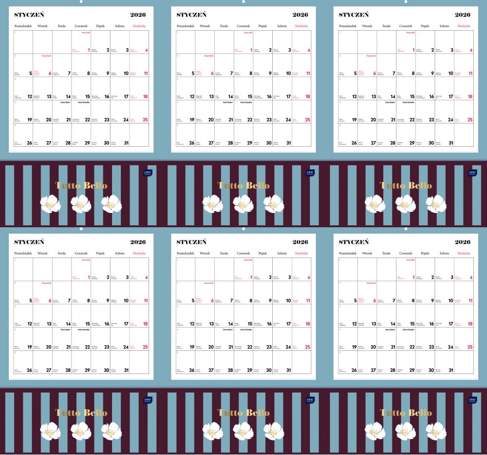 6x Kalendarz ścienny 2026, Interdruk, z kieszonką, 28x40cm, miesięczny, Tutto Bello
