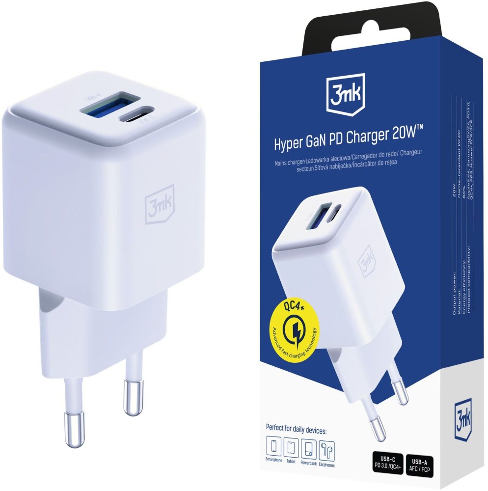 Ładowarka sieciowa 3mk Hyper GaN Charger 20W, QC4+ PD PPS, USB-C/USB-A, biały
