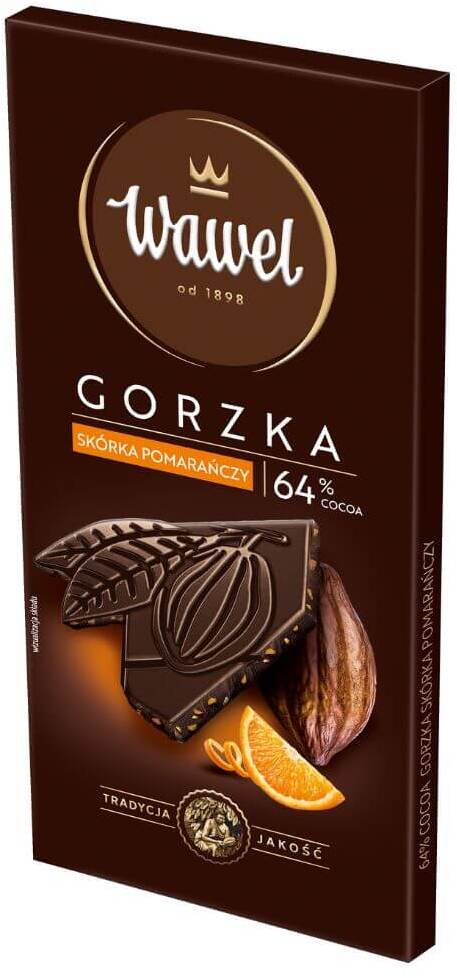 Gorzka czekolada Wawel Premium 64%, skórka pomarańczy, 90g