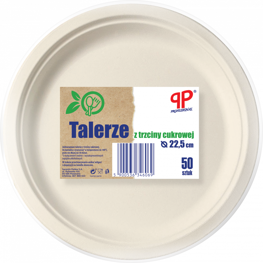 Talerze jednorazowe PP Professional, 23cm, trzcina cukrowa, 50 sztuk, biały