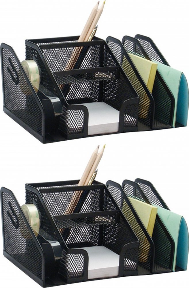 2x Przybornik na biurko Q-Connect Office Set, bez wyposażenia, metalowy (druciany), 7 przegród, 205x145x100mm, czarny