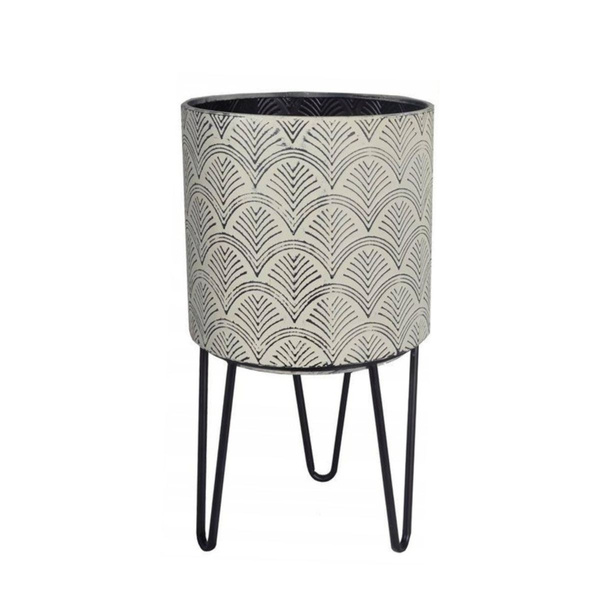 Kwietnik metalowy biało-szary przycierany liść miłorzębu na stojaku 51 cm