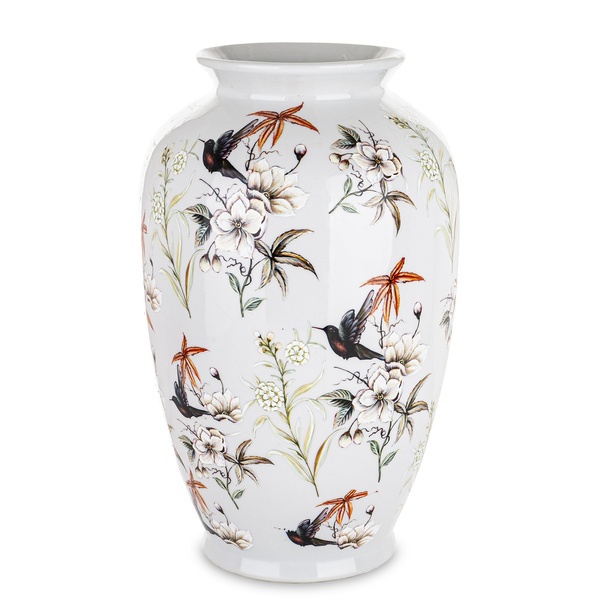 Wazon ceramiczny biały w kwiaty i koliberki 36x20 cm