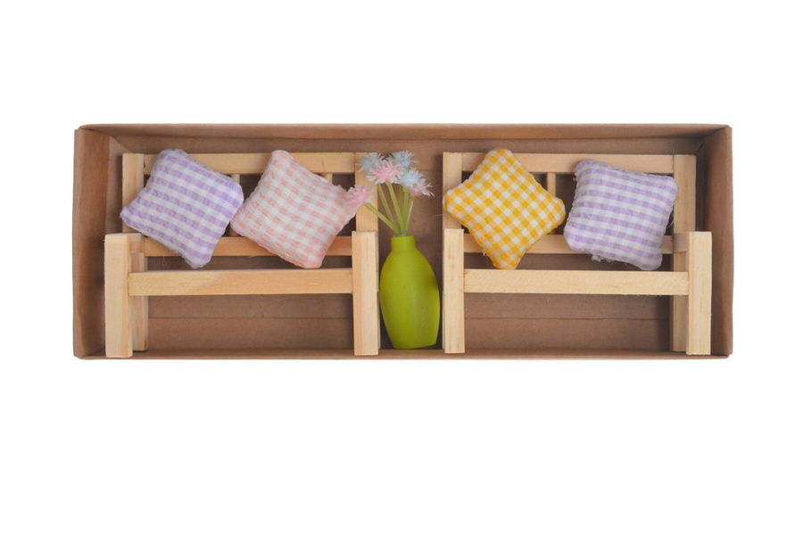 Ławeczka drewniana komplet 2 sztuki z poduszkami + wazon w pudełku