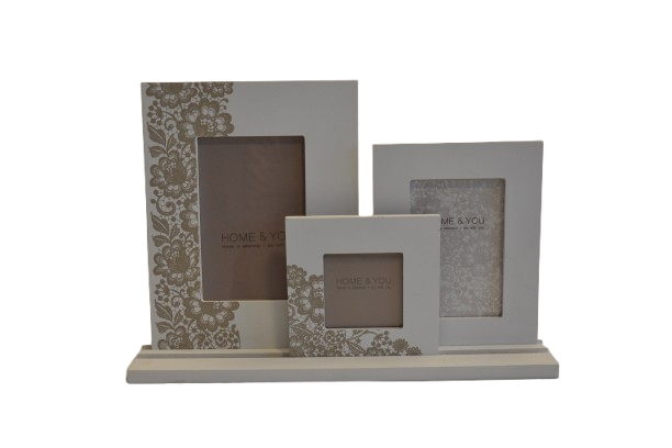 3 Ramki na zdjęcia na podstawie białe, kwiaty brąz 40x23cm