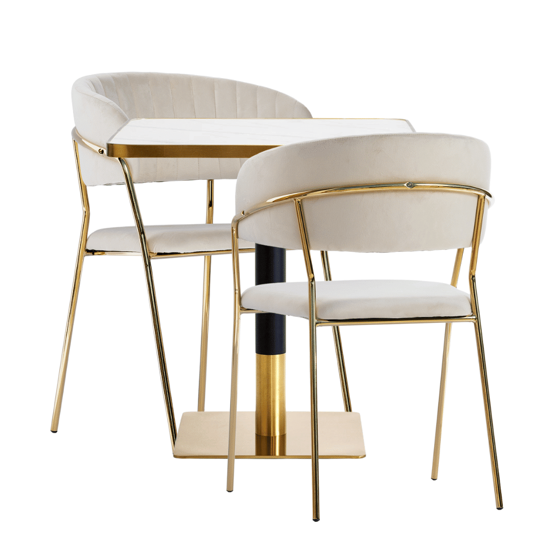 Zestaw stolik kawiarniany barowy złoty ARP608 70x70cm biały + 2 krzesła Glamour