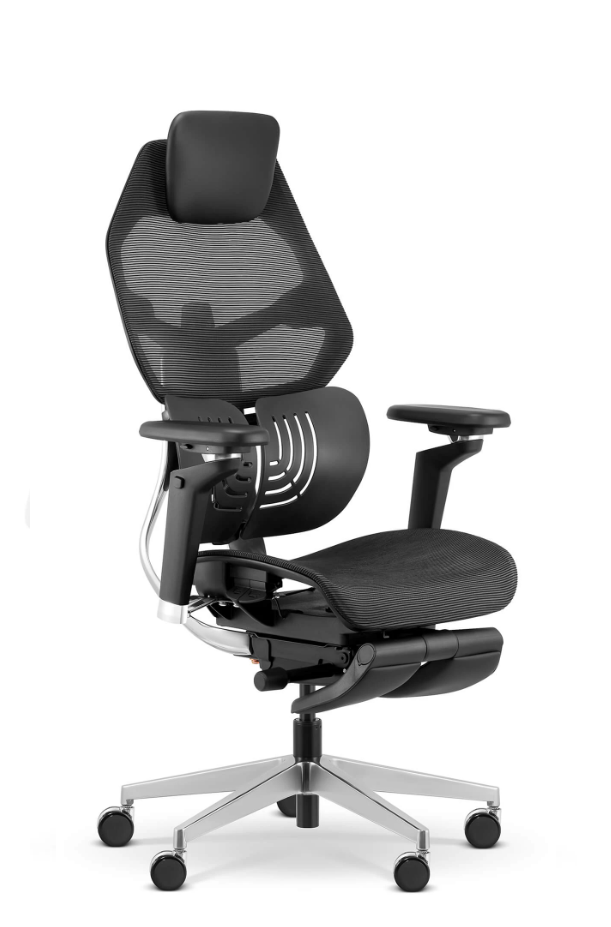 Fotel biurowy SHADOW THRONE, czarny z wysuwanym podnóżkiem, siatka