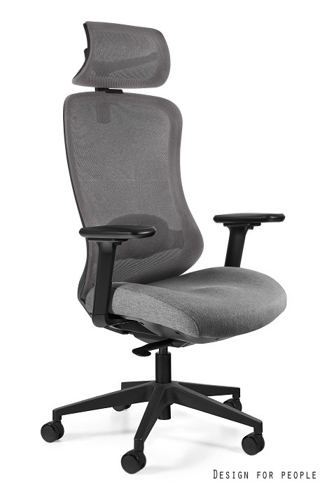 Fotel biurowy ADAPTA, ergonomiczny, obrotowy, regulowane podłokietniki, siatka/tkanina, szary