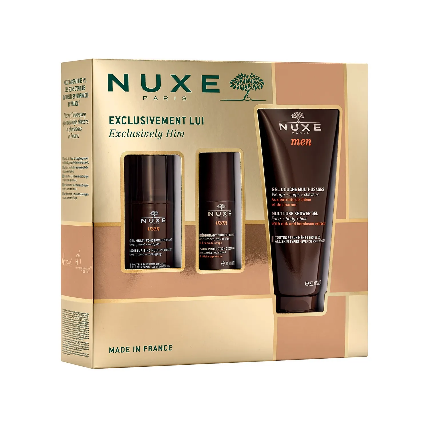 Nuxe men - żel nawilżający do twarzy, 50 ml + dezodorant roll-on, 50 ml + żel pod prysznic, 200 ml, 1 zestaw